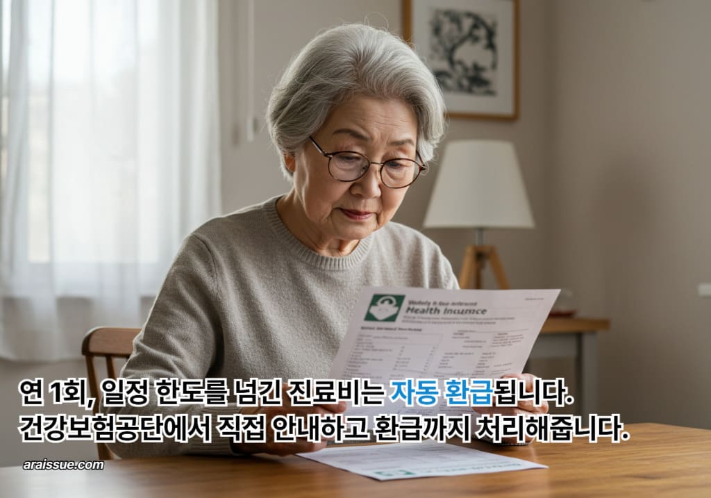 고혈압&middot;당뇨 환자가 본인부담상한제를 통해 진료비 환급 내역을 확인하는 장면으로, 장기 치료 환자의 경제적 부담을 줄이는 건강보험 제도를 보여줍니다.