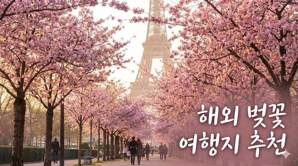 에펠탑을 배경으로 한 파리의 벚꽃 거리 전경