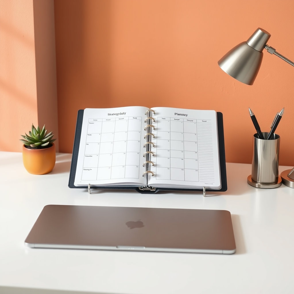 시간 관리 플래너, 전략적인 하루 설계, 데스크 위 일정표, 미니멀리스트 작업 공간, 고해상도, 따뜻한 색감