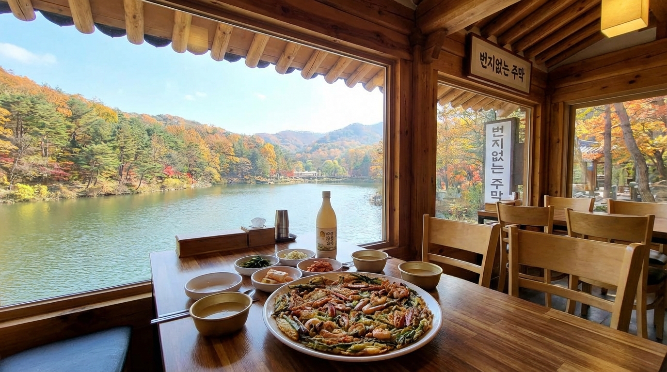 화담숲 내부 식당 '번지없는 주막'의 호수 전망과 맛깔스러운 파전 이미지