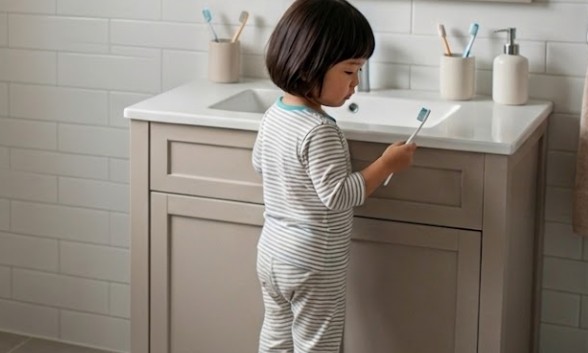 매일 아침 양치를 준비하는 아이의 모습