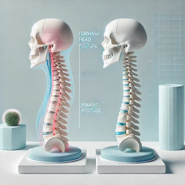 거북목과 정상 경추를 비교한 해부학적 모형 세팅