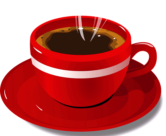 빨간 커피잔에 검정색 뜨거운 블랙커피가 있다. 하얀 연기가 나온다.