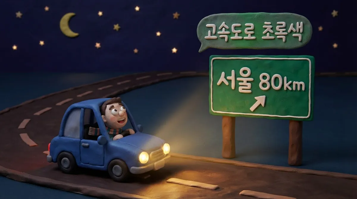 별이 총총한 밤하늘 아래 초록색 이정표를 올려다보는 클레이 운전자의 호기심 가득한 큰 눈과 따뜻한 헤드라이트 빛이 만드는 아드만 스톱모션 야간 풍경