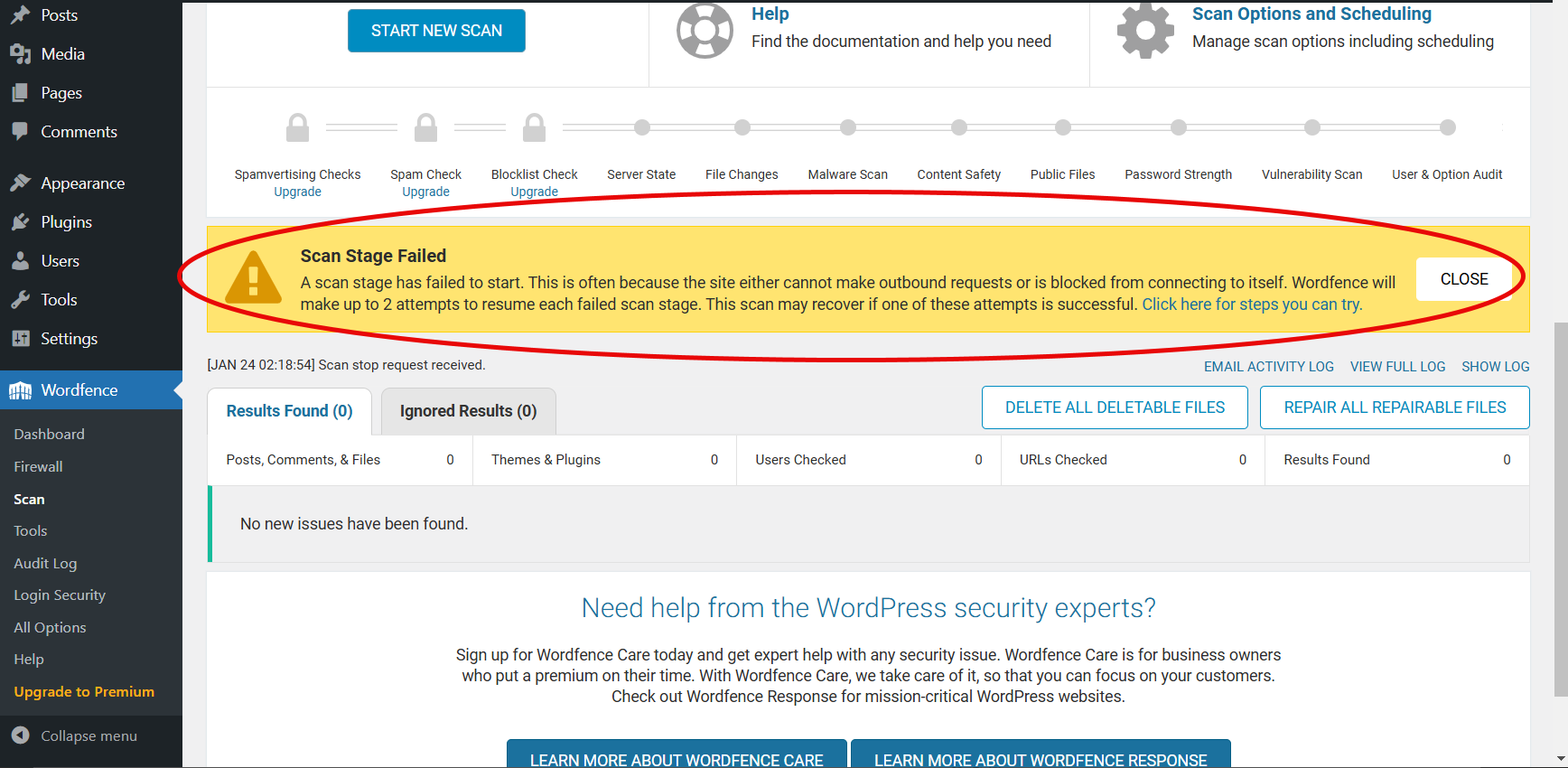 워드프레스 워드펜스 보안 플러그인: "Scan Stage Failed" 오류