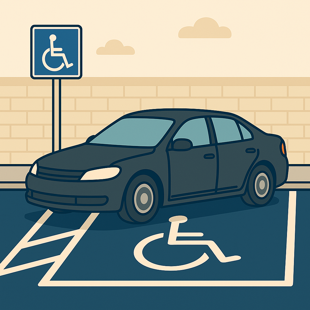 장애인 주차구역에 일반 차량이 선 밟고 주차한 사진