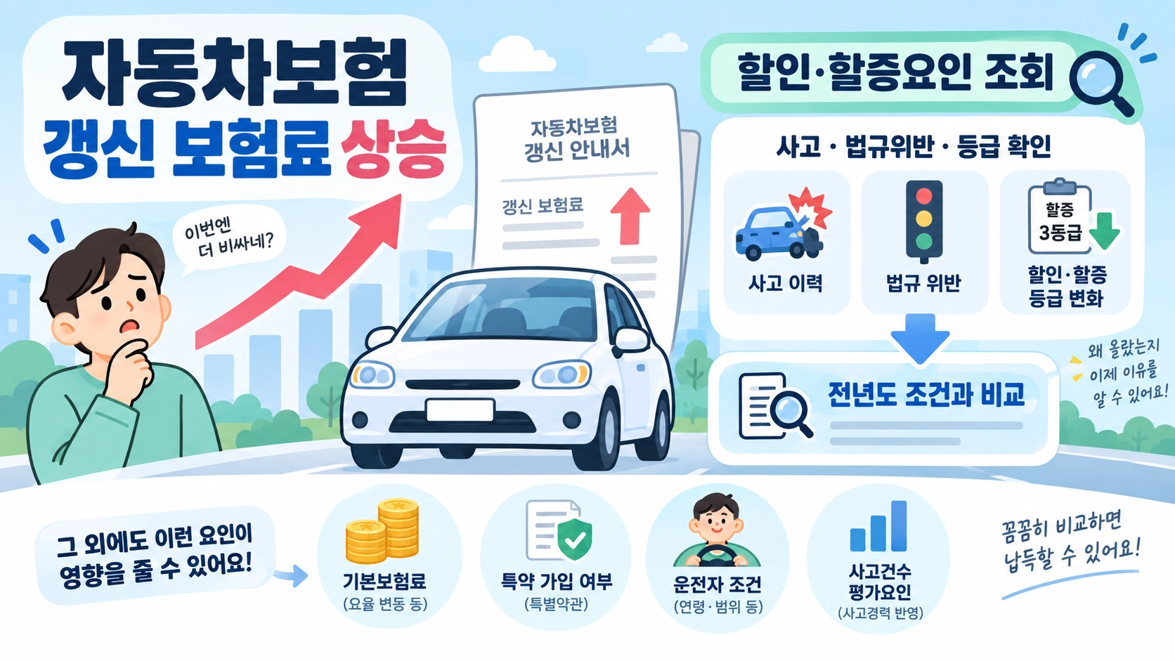자동차보험 갱신 보험료 상승 원인을 할인·할증요인과 전년도 계약 조건 비교로 확인하는 대표 화면입니다.