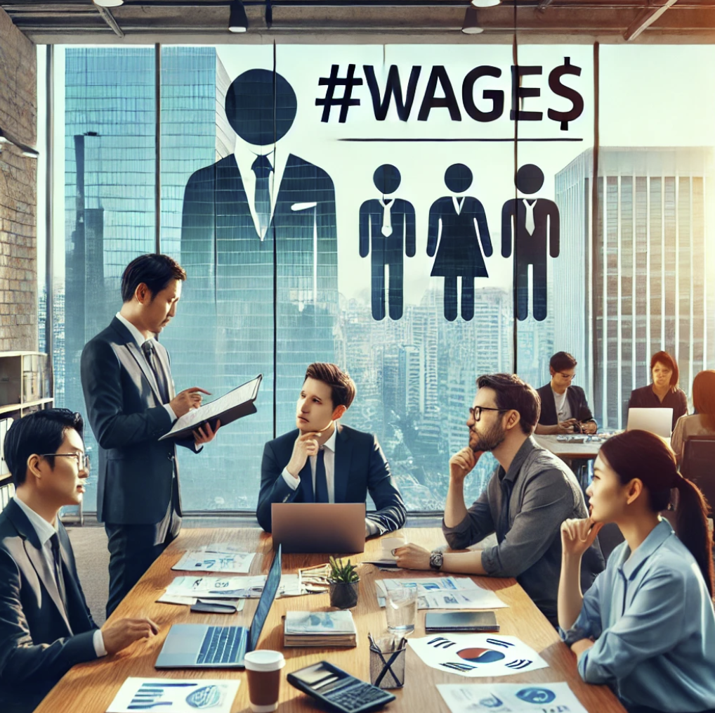 임금에 대해 논의하는 직원들의 모습.