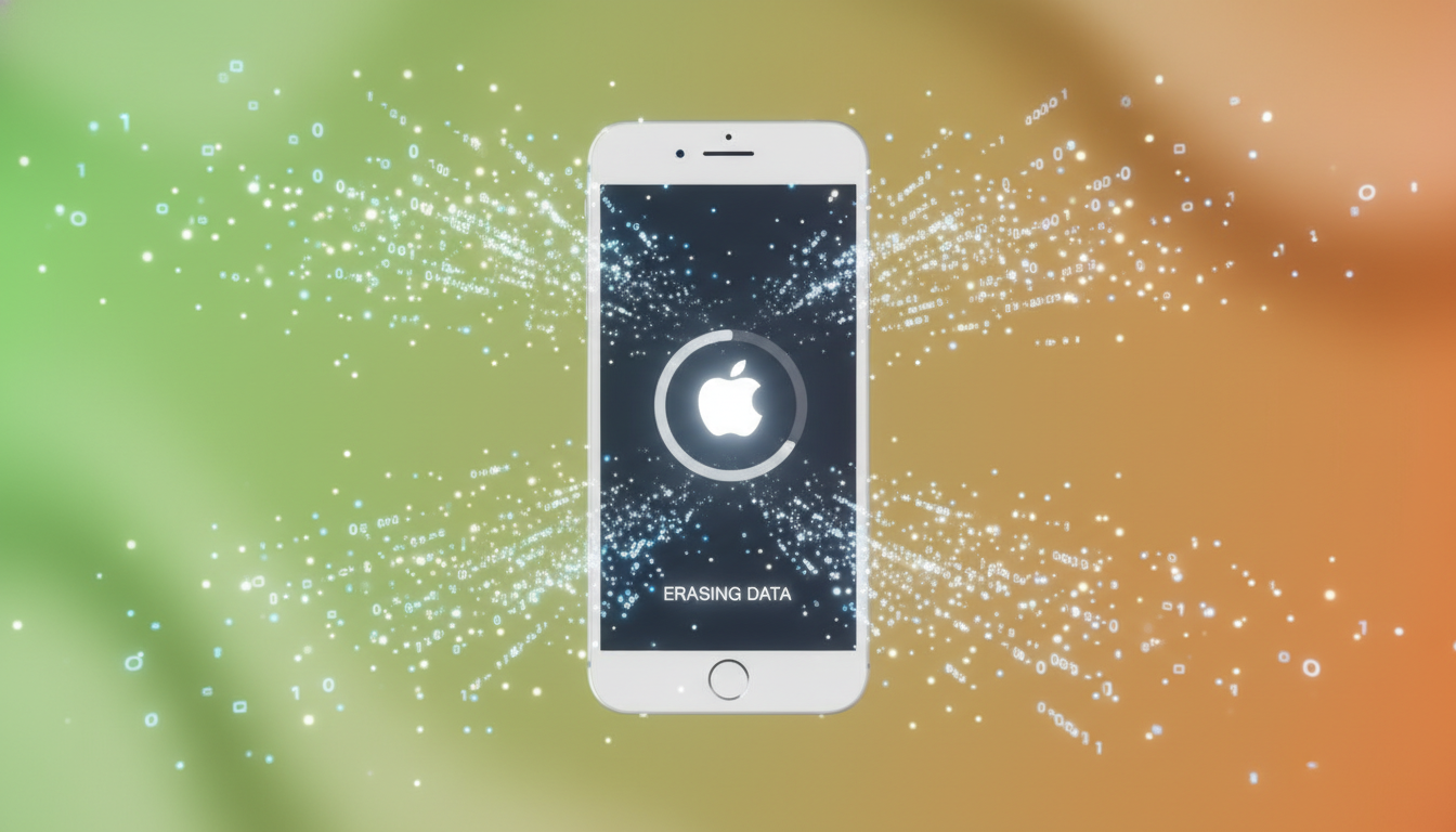 아이폰이 공장 초기화되어 모든 데이터가 안전하게 지워지는 모습을 추상적으로 표현한 이미지. 데이터 보안을 상징합니다.