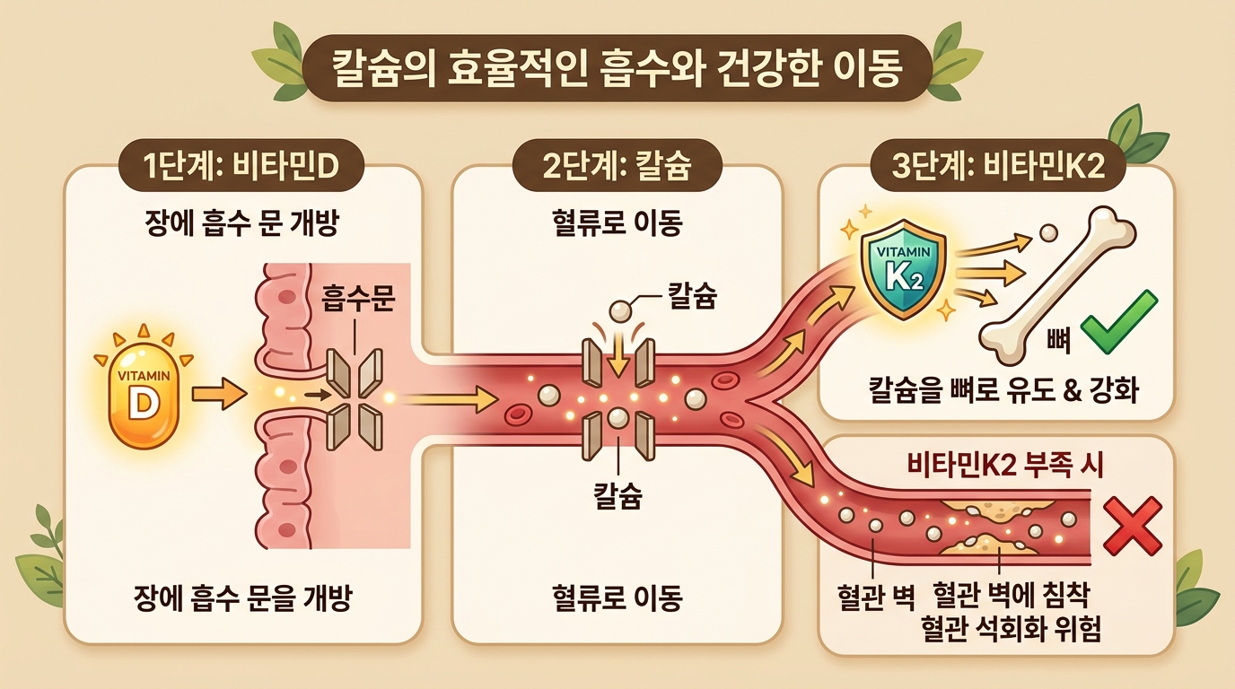비타민D와 K2가 칼슘을 뼈로 안내하는 과정 인포그래픽