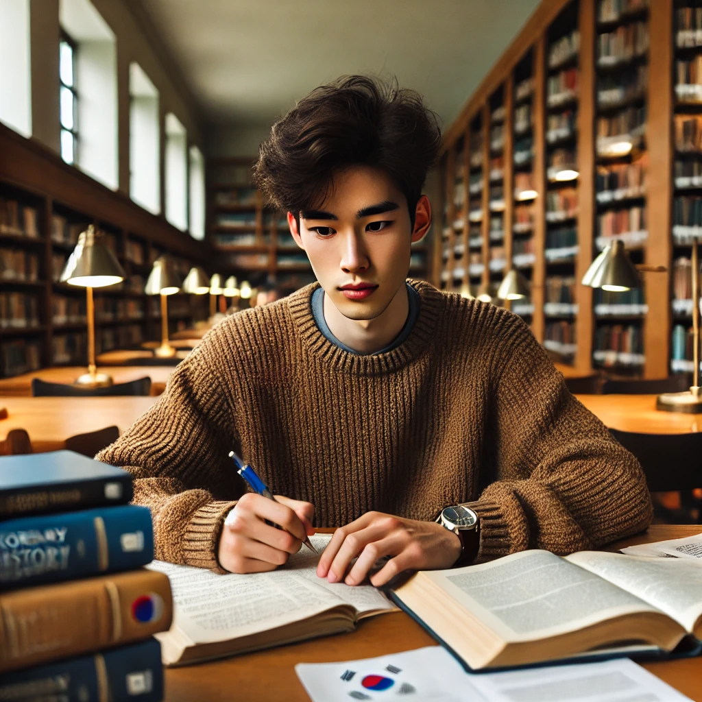 도서관에서 한국사 능력 검정시험을 준비하며 책상에 책과 노트를 펼치고 공부하는 외국인 학생. 조용하고 학구적인 분위기