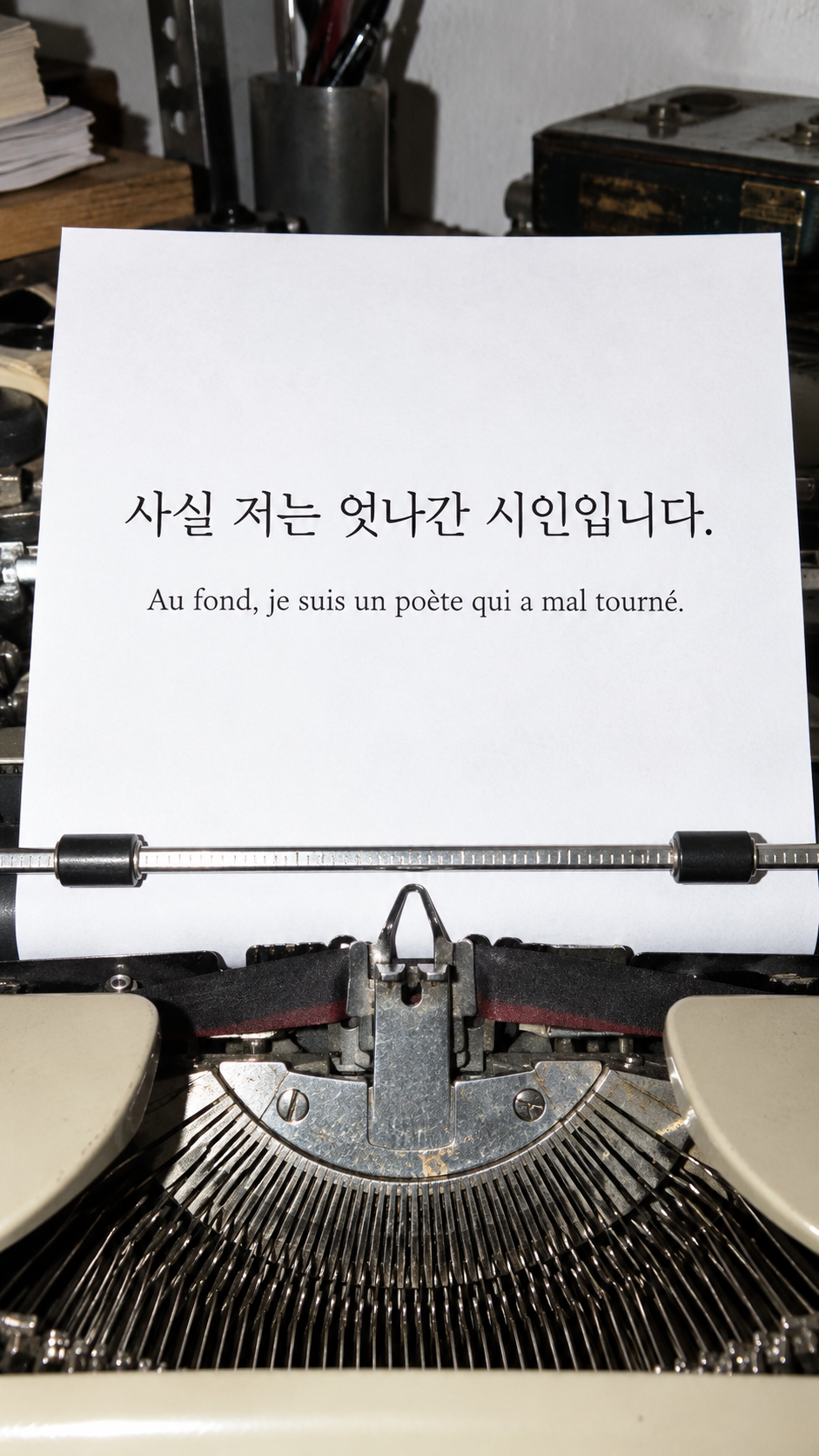 사실 저는 엇나간 시인입니다. &mdash; 현대 작은 인쇄소의 수동 타자기와 무문자 종이, 밝은 플래시와 선명한 금속 질감