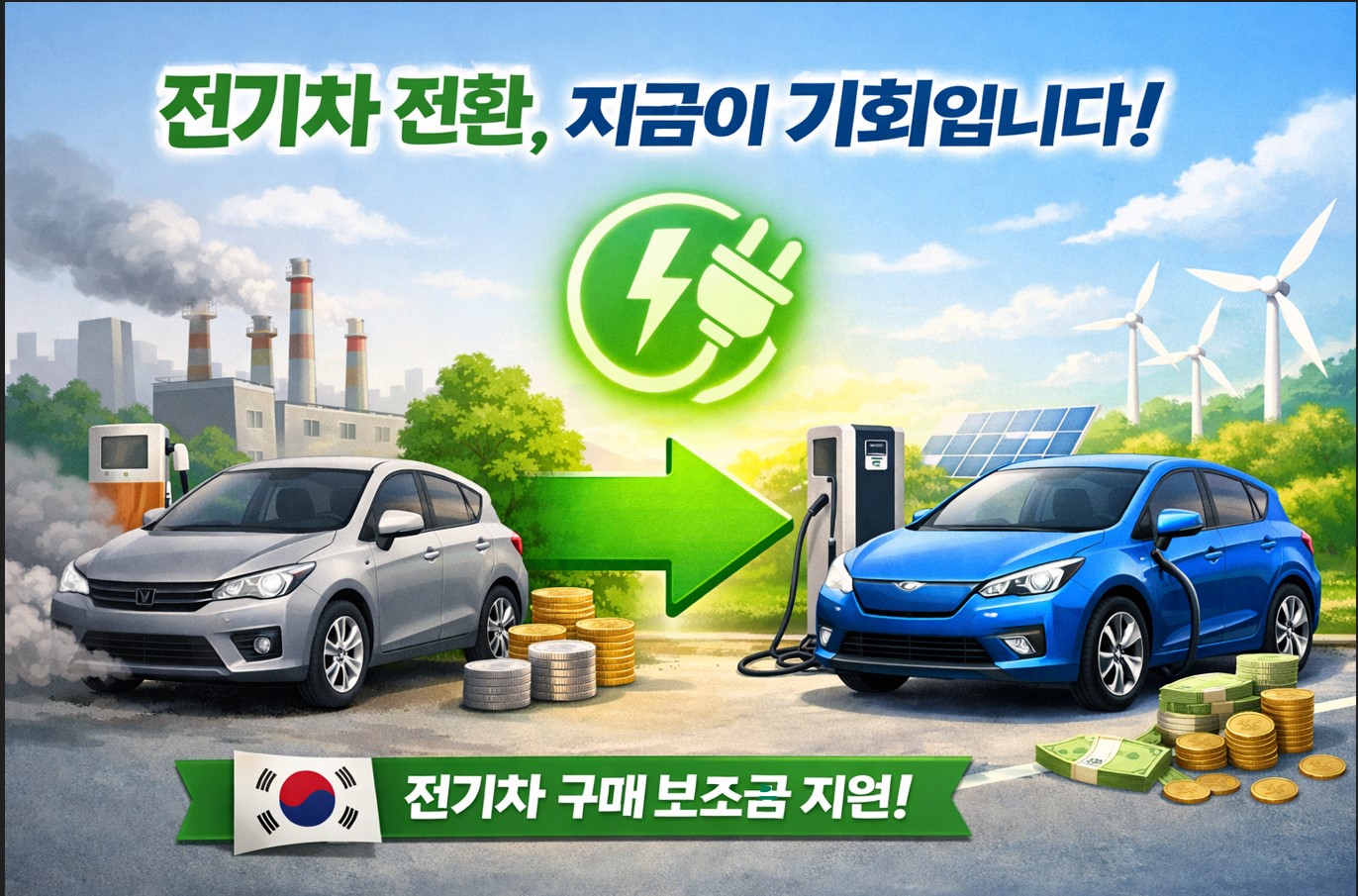 전기차 전환 보조금 지급한다는 설명을 하고 있는 그림