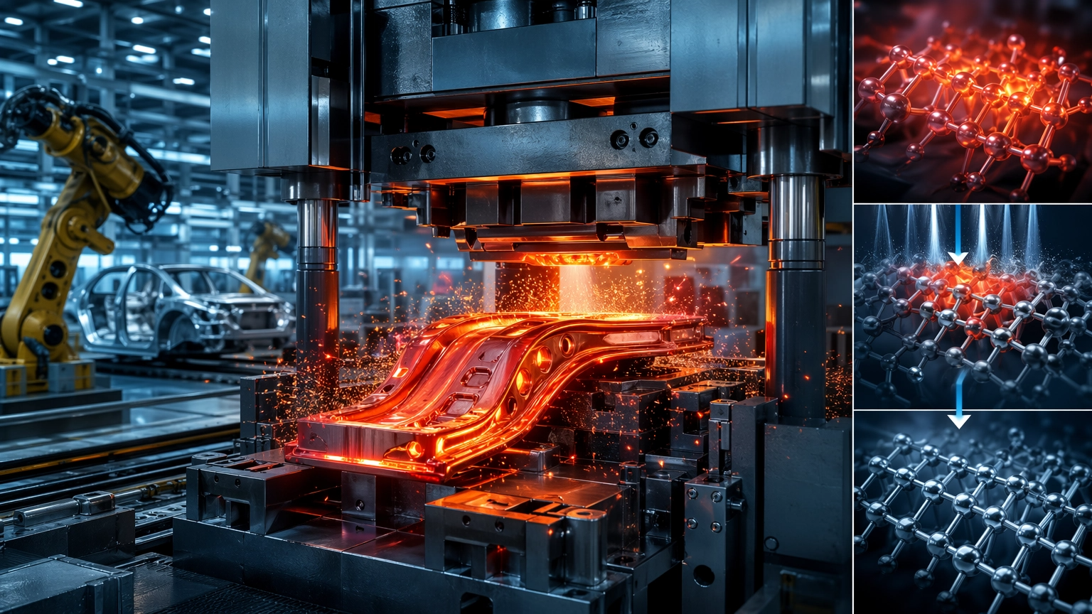 명신산업의 핵심 경쟁력인 핫스탬핑(Hot Stamping) 기술 공정을 시각화한 이미지입니다.
이미지 상세 설명:
고온 성형 과정: 900&deg;C 이상의 고온으로 가열된 강판이 프레스기에서 복잡한 자동차 차체 부품으로 성형되는 역동적인 순간을 묘사했습니다. 붉게 달궈진 금속과 튀는 불꽃을 통해 공정의 열기를 생생하게 표현했습니다.
초고장력 구현: 우측의 인포그래픽은 가열된 분자 구조가 급속 냉각(Quenching)을 통해 더욱 조밀하고 단단한 구조로 변화하는 과정을 상징적으로 보여줍니다. 이를 통해 일반 강판보다 3~5배 높은 강도를 확보하게 됩니다.
첨단 제조 환경: 배경에는 정밀 로봇 팔과 자동화 설비가 갖춰진 현대적인 자동차 공장의 모습을 담아, 명신산업의 높은 생산 기술력과 품질 관리 능력을 시각화했습니다.
경량화의 핵심: 얇지만 압도적인 강도를 가진 부품을 생산함으로써 전기차의 무게를 줄이고 주행 거리를 늘리는 '경량화' 기술의 본질을 담았습니다.