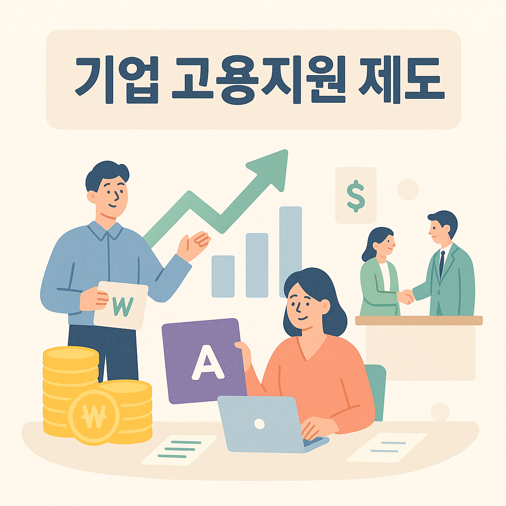 기업 고용지원 제도를 상징하는 현대적 인포그래픽 &ndash; 인원, 동전, 그래프, 사무실 책상으로 구성된 정부 인건비 지원 이미지