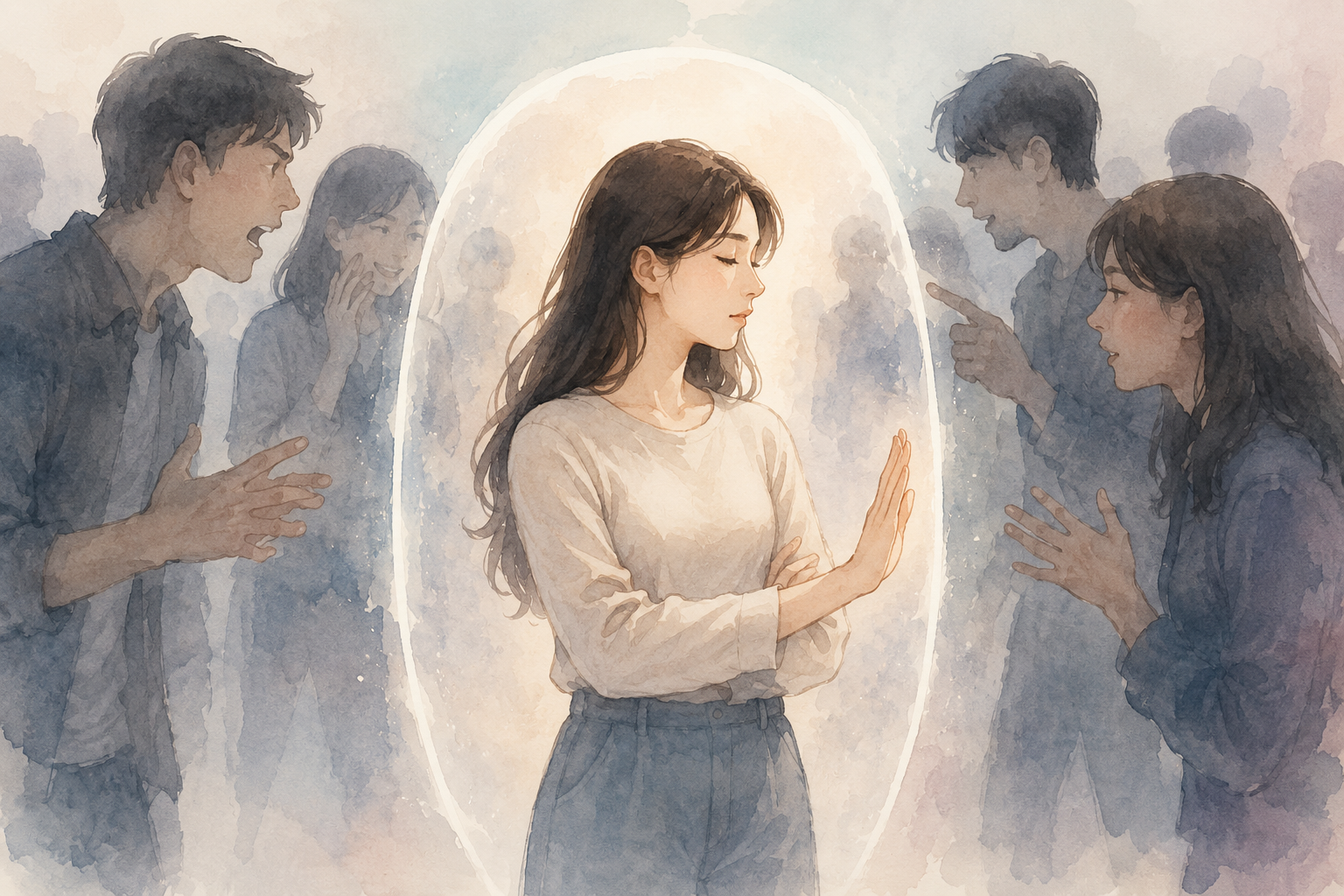 사람들 사이에서 무례한 말들에 지친 표정으로 서 있지만, 차분하게 자신만의 경계선을 지키고 있는 여성의 수채화 일러스트