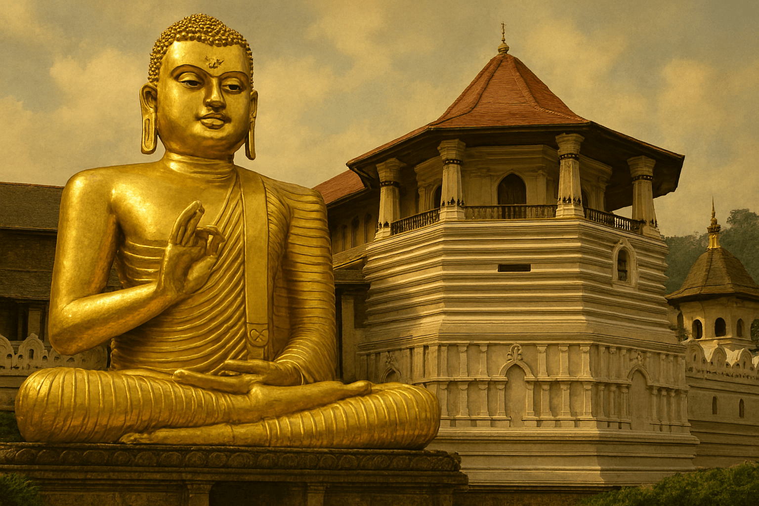 스리랑카 불교의 성지인 캔디 불치사의 화려하고 웅장한 내부 모습. 황금색 불상이 안치되어 있고, 불심 깊은 신자들이 경건하게 기도하는 장면.