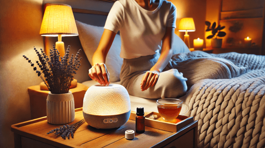 침대 옆 따뜻한 조명, 라벤더 아로마, 따뜻한 차 등 편안한 분위기에서 수면 도움을 받는 이미지