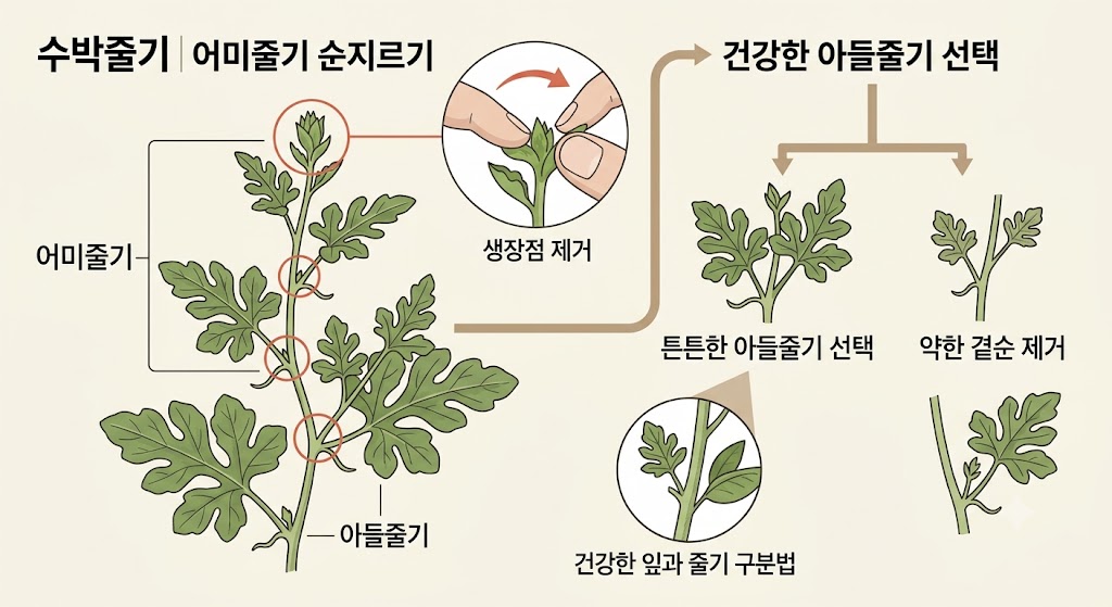 수박 줄기의 마디별 순지르기 위치와 우량한 아들줄기 선택법을 나타낸 실무 설명 도해
