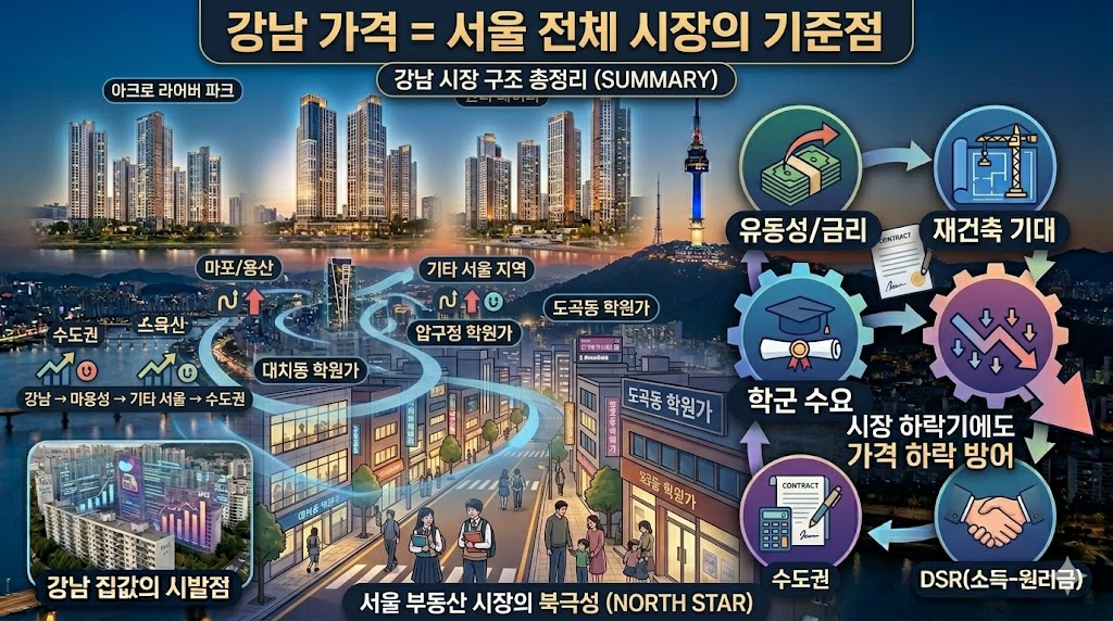 한강과 서울 도심 전체를 조망하며 강남이 중심축임을 보여주는 드론 뷰 이미지