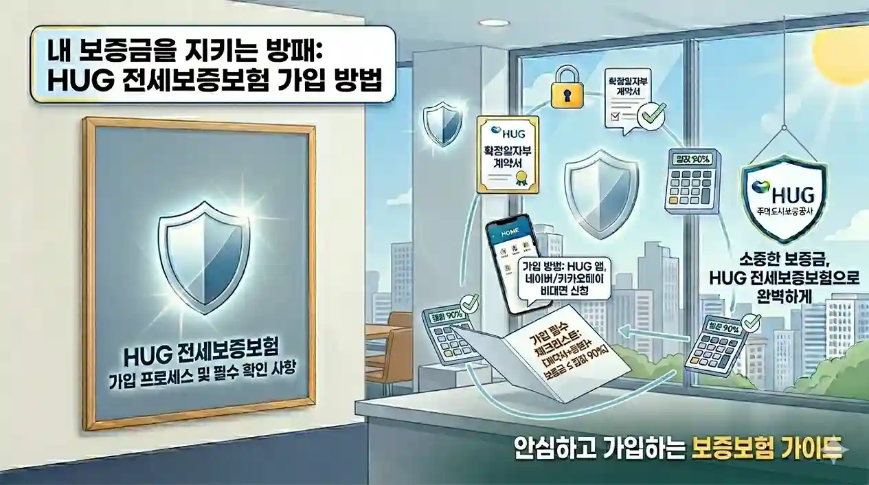 HUG 전세보증보험 비대면 가입 방법 인포그래픽. 126% 룰(공시가격 기준) 및 부채 비율 90% 이하 가입 조건 설명과 함께 네이버&middot;카카오페이 신청 방법, 확정일자부 계약서 등 필수 서류를 안내하는 사무실 배경의 이미지.