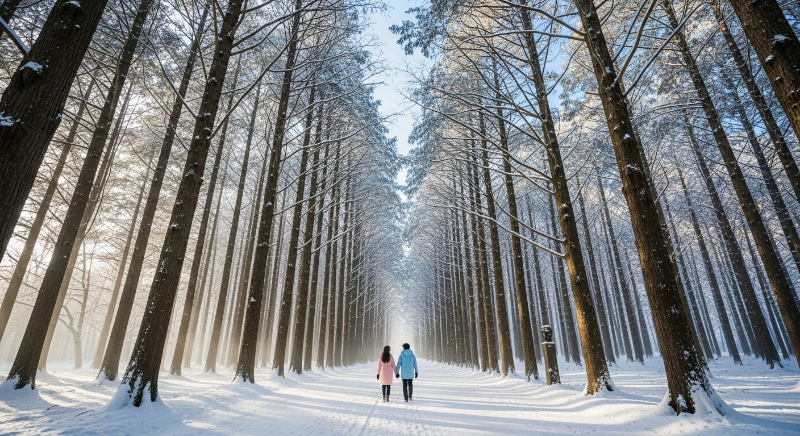 2025년 겨울, 하얀 눈으로 덮인 남이섬 메타세쿼이아 길을 걷는 연인의 로맨틱한 모습