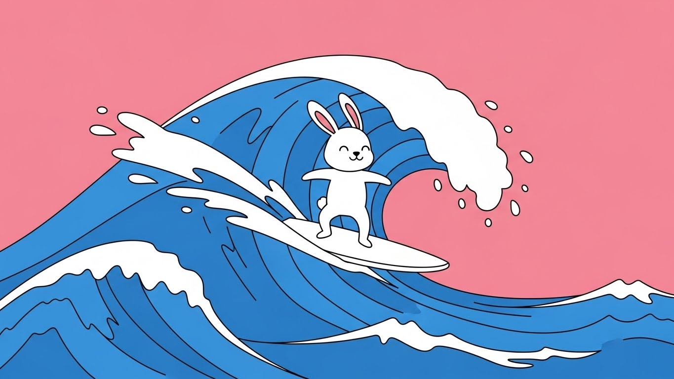 파도 위에서 여유롭게 서핑하며 유연함을 보여주는 토끼 캐릭터의 2D 플랫 벡터 일러스트