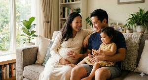 햇살이 드는 거실 소파에 앉아, 아빠 품의 아이가 웃는 모습을 보며 행복하게 웃는 임산부와 부부의 화목한 모습