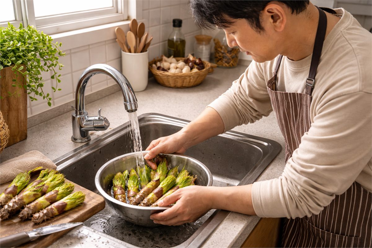 주방 싱크대에서 두릅을 헹구는 모습 