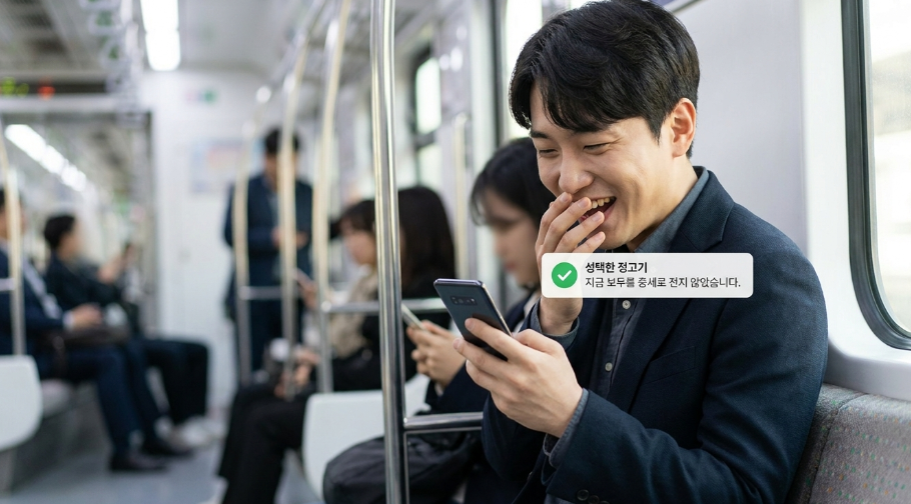 스마트폰으로 홈택스 앱을 실행하며 즐거워하는 청년