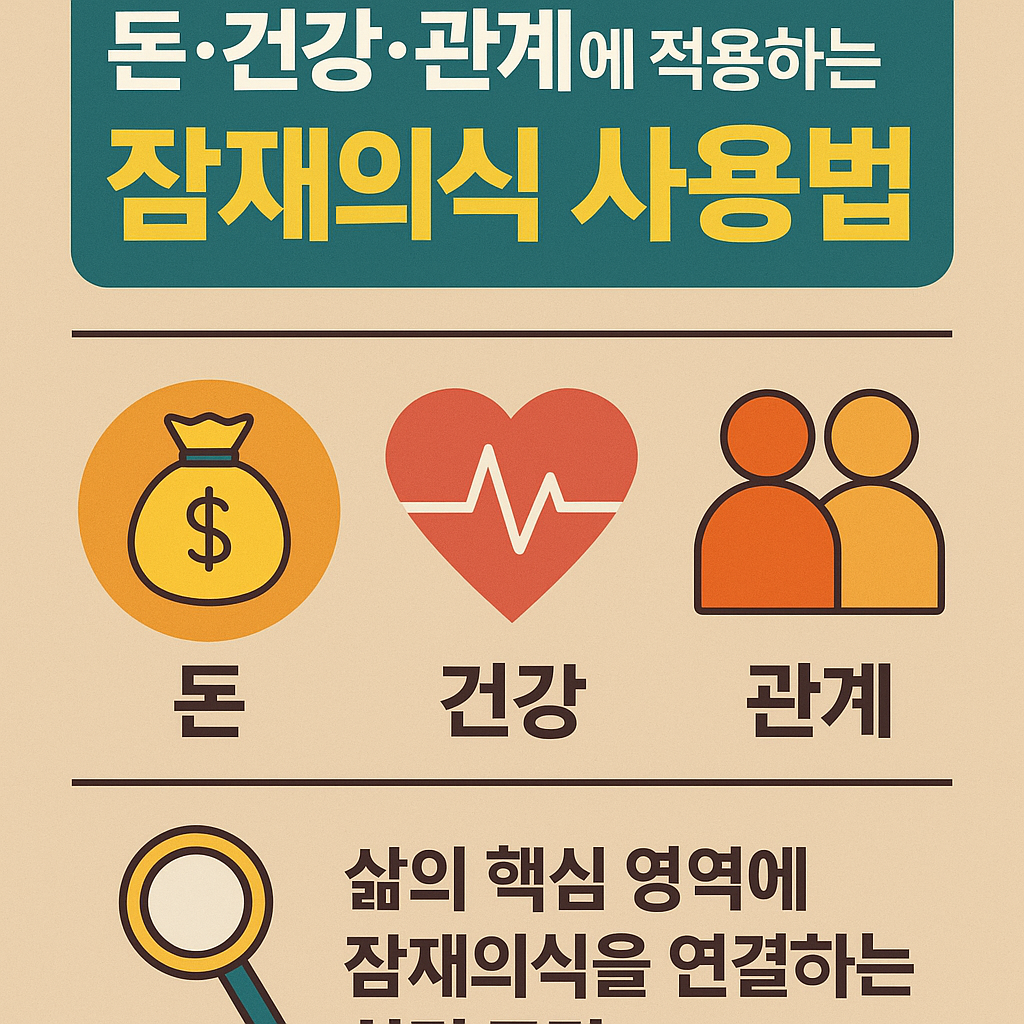 "잠재의식을 실생활에 적용하는 방법을 설명하는 한국어 디지털 그래픽 이미지 – 돈, 건강, 인간관계를 아우르는 마인드셋 변화"