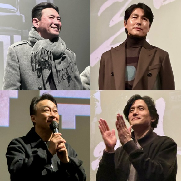 배우 황정민&#44; 정우성&#44; 이성민&#44; 박해준이 영화 &#39;서울의 봄&#39; 무대인사에서 관객들을 만나고 있다. [사진=플러스엠엔터테인먼트]