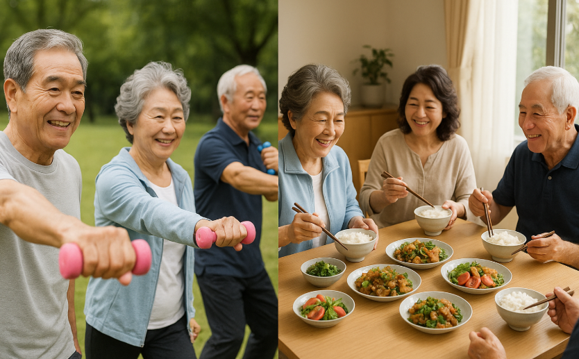 시니어들의 운동과 식사 모습 AI 편집