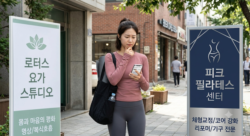 요가를 할 지 필라테스를 할 지 고민하는 여성의 모습