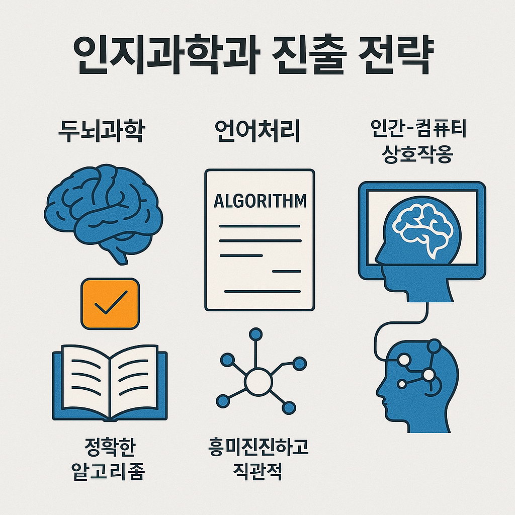 인지과학과 진출 전략 인포그래픽: 두뇌과학, 언어처리, 인간-컴퓨터 상호작용 세 분야를 아이콘과 함께 설명한 이미지. 두뇌 아이콘 아래 '정확한 알고리즘', 알고리즘 문서 아이콘 아래 '흥미진진하고 직관적', 컴퓨터와 뇌를 연결한 아이콘 아래 '인간-컴퓨터 상호작용'이라고 표기되어 있음.&quot;