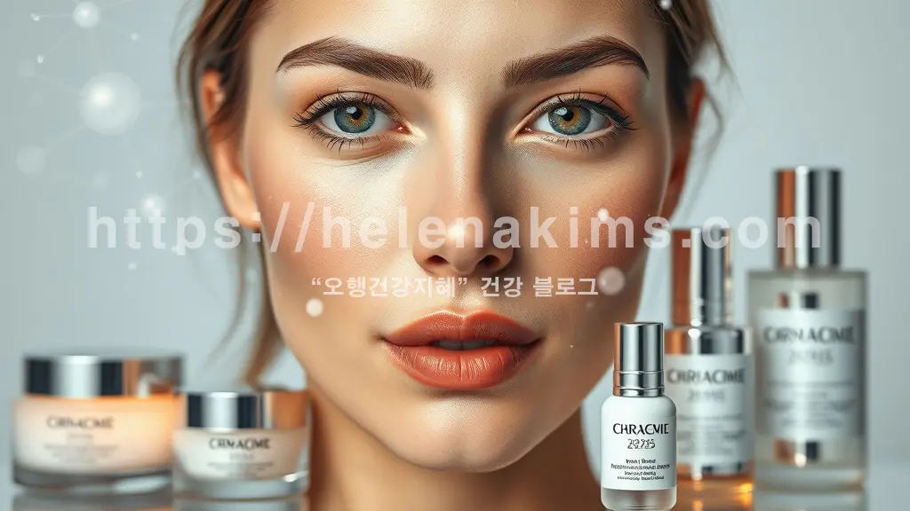 배경은 초록의 화초와 웃는 여성의 모습은 중앙에 위치해 있고 왼쪽 옆에는 화장품 엠플병이 놓여 있는 이미지.