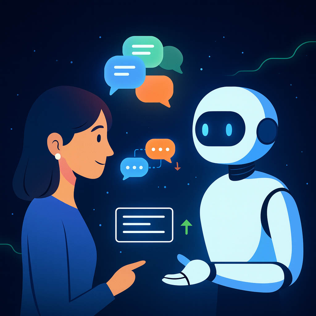 한 여성과 로봇이 서로 마주보고 대화창 아이콘과 함께 소통하고 있는 일러스트 이미지.