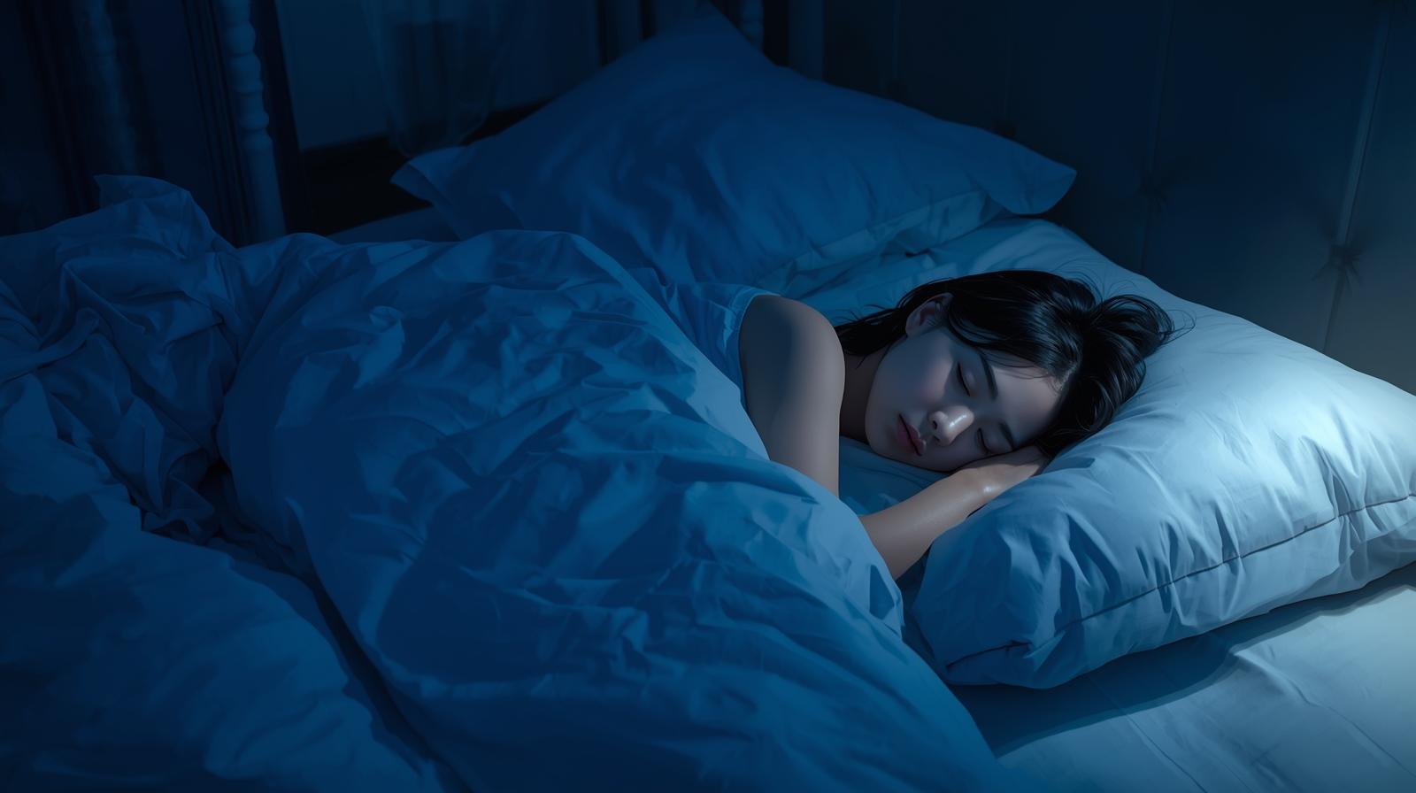 사람이 옆으로 누워 편안하게 잠을 자고 있는 아늑한 침실 풍경