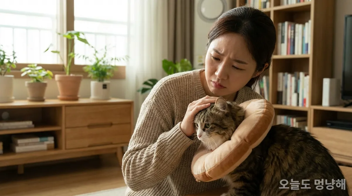 넥카라를 한 고양이를 쓰다듬는 한국인 보호자의 모습, 중성화 수술에 대한 오해와 보호자의 고민을 상징합니다.