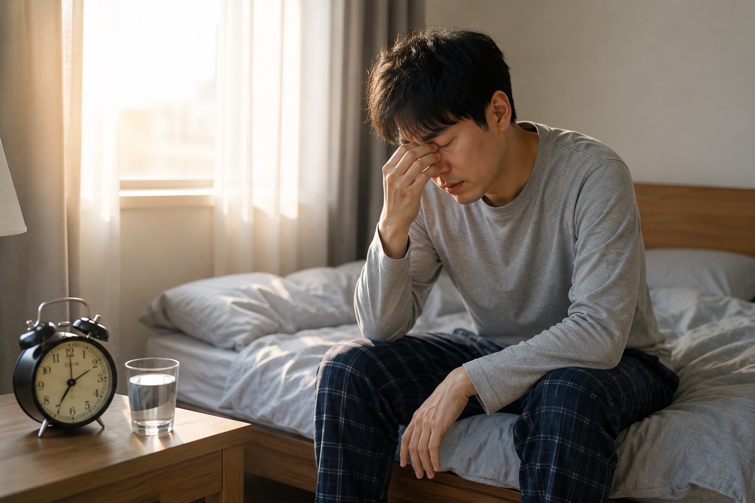 아침피로_수면중호흡문제_침대에앉은남성