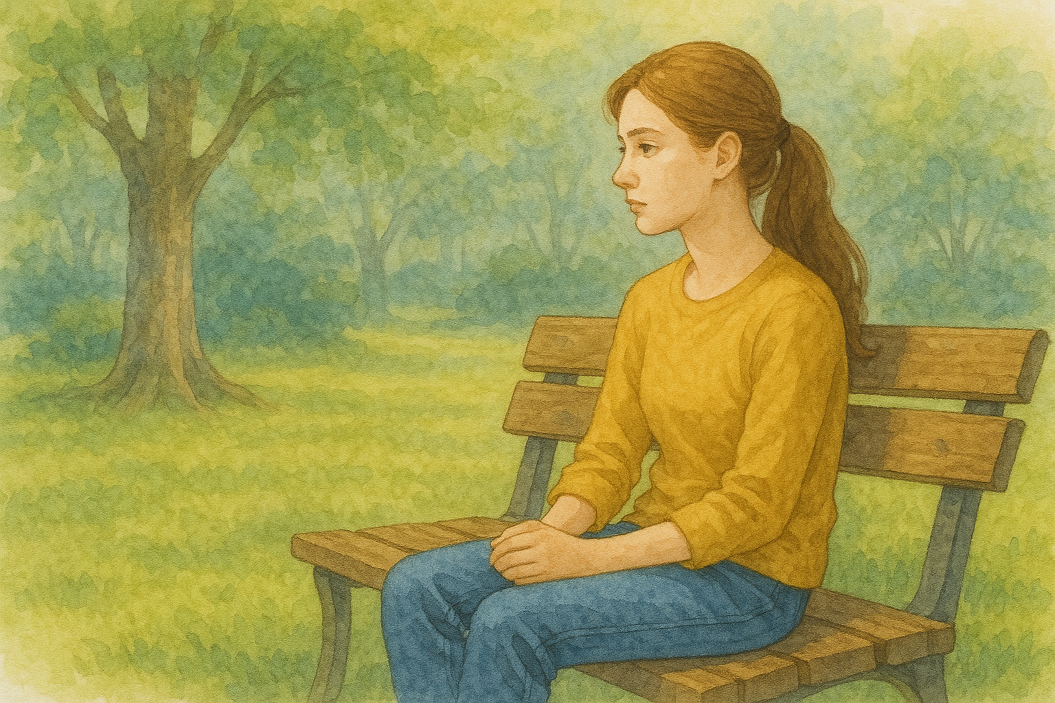 공원 벤치에 앉은 생각에 잠긴 여성