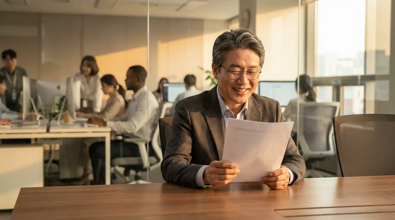 고민에 빠진 중소기업 사장님이 지원금 정보를 보고 환하게 웃으며 해결책을 찾는 모습
