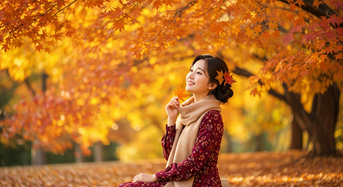 단풍과 사진찍는 여성 이미지