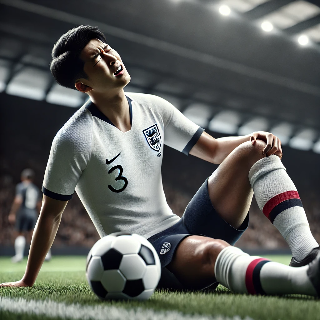 손흥민 선수가 경기장에서 부상으로 인해 쓰러져 있는 모습. 유니폼을 입은 손흥민이 허벅지 부상을 느끼며 고통스러워하는 장면을 통해, 이번 부상으로 헝가리 원정과 한국 대표팀 출전이 불확실함을 시각적으로 표현.