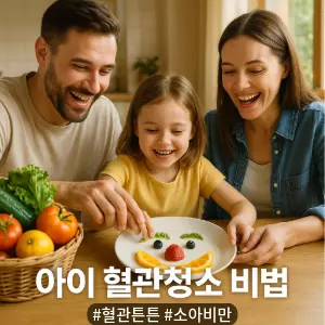 햇살이 잘 드는 따뜻한 분위기의 주방 식탁에서, 부모와 아이가 마주 앉아 활짝 웃고 있다. 아이는 부모의 도움을 받아, 접시 위에 딸기, 블루베리, 오렌지 등 여러 가지 색깔의 과일과 채소로 웃는 얼굴 모양을 만들며 즐거워하고 있다. 테이블 위에는 신선한 채소와 과일이 담긴 바구니가 놓여 있어 건강한 식습관의 이미지를 강조한다. 아이의 건강을 위해 함께 노력하는 긍정적이고 사랑스러운 가족의 모습을 담은, 따뜻한 색감의 실사 광고 사진 스타일.