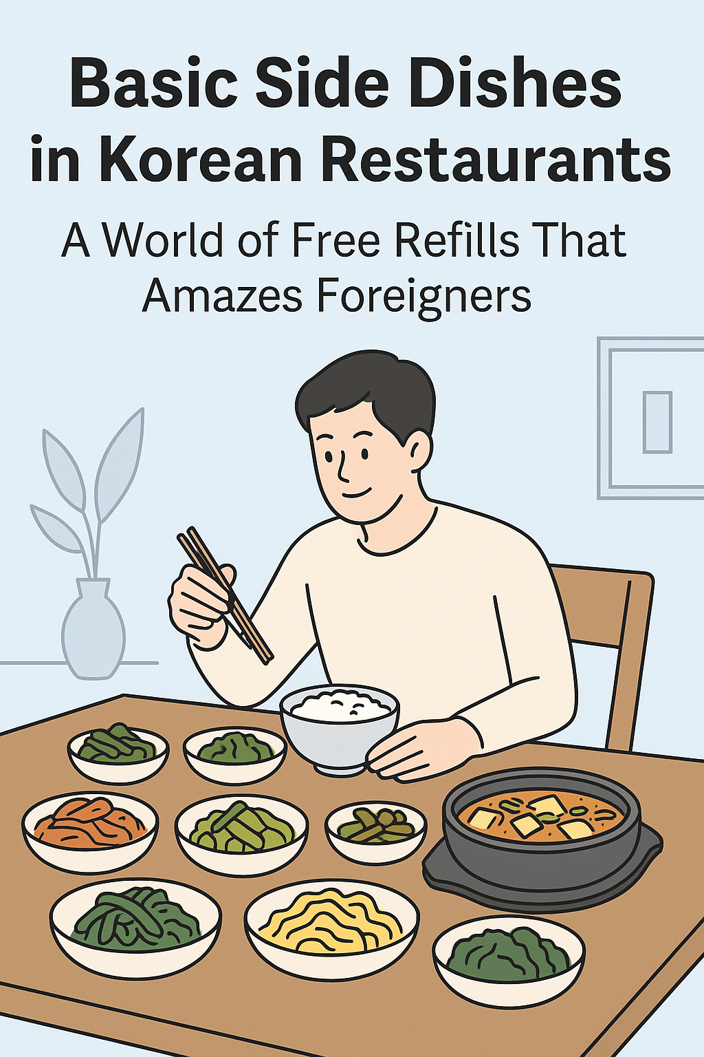 A young man enjoying a meal at a Korean restaurant, surrounded by various side dishes including kimchi, greens, and stew, illustrating the cultural tradition of free refills in Korean dining