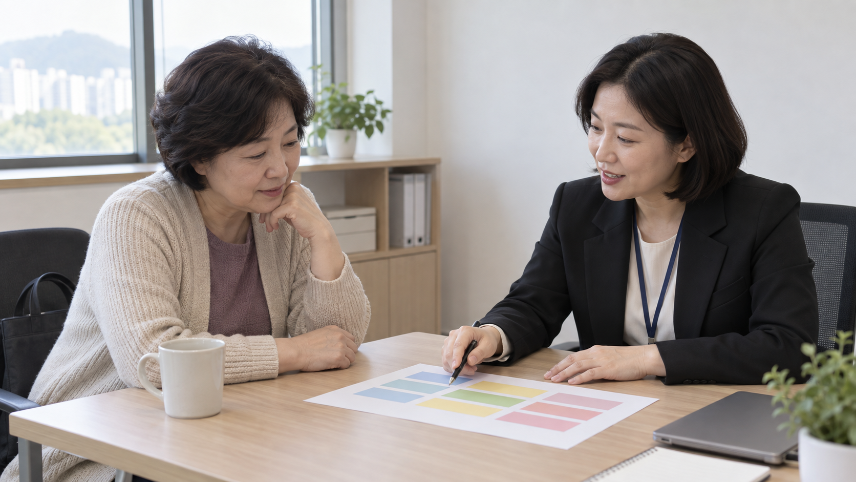 50대 구직자가 활동지원기관 담당자와 이용자 매칭을 상담하는 모습