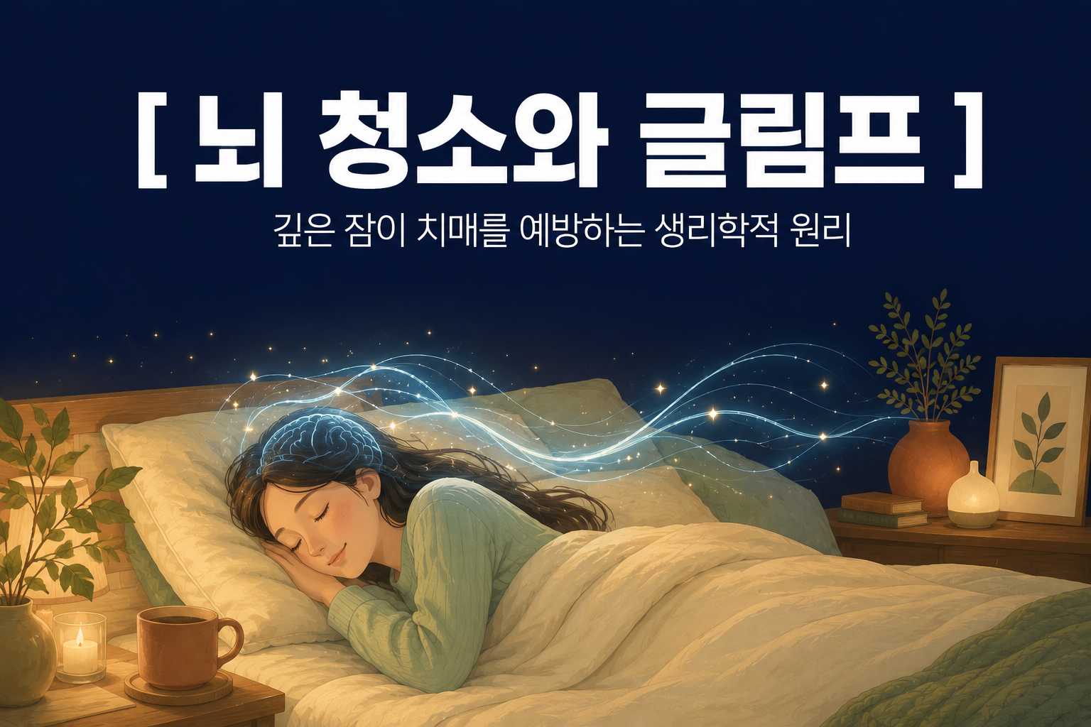 어두운 인디고 배경 상단에 한글로 "[ 뇌 청소와 글림프 ]"라는 타이틀과 "깊은 잠이 치매를 예방하는 생리학적 원리"라는 부제가 적혀 있고, 하단에는 옆으로 누워 편안히 잠든 사람의 머리 주변으로 은은한 물결과 별빛 레이어가 흘러가는 손그림 일러스트가 담긴 깊은잠 연구소의 웰니스 매거진 썸네일 이미지.
