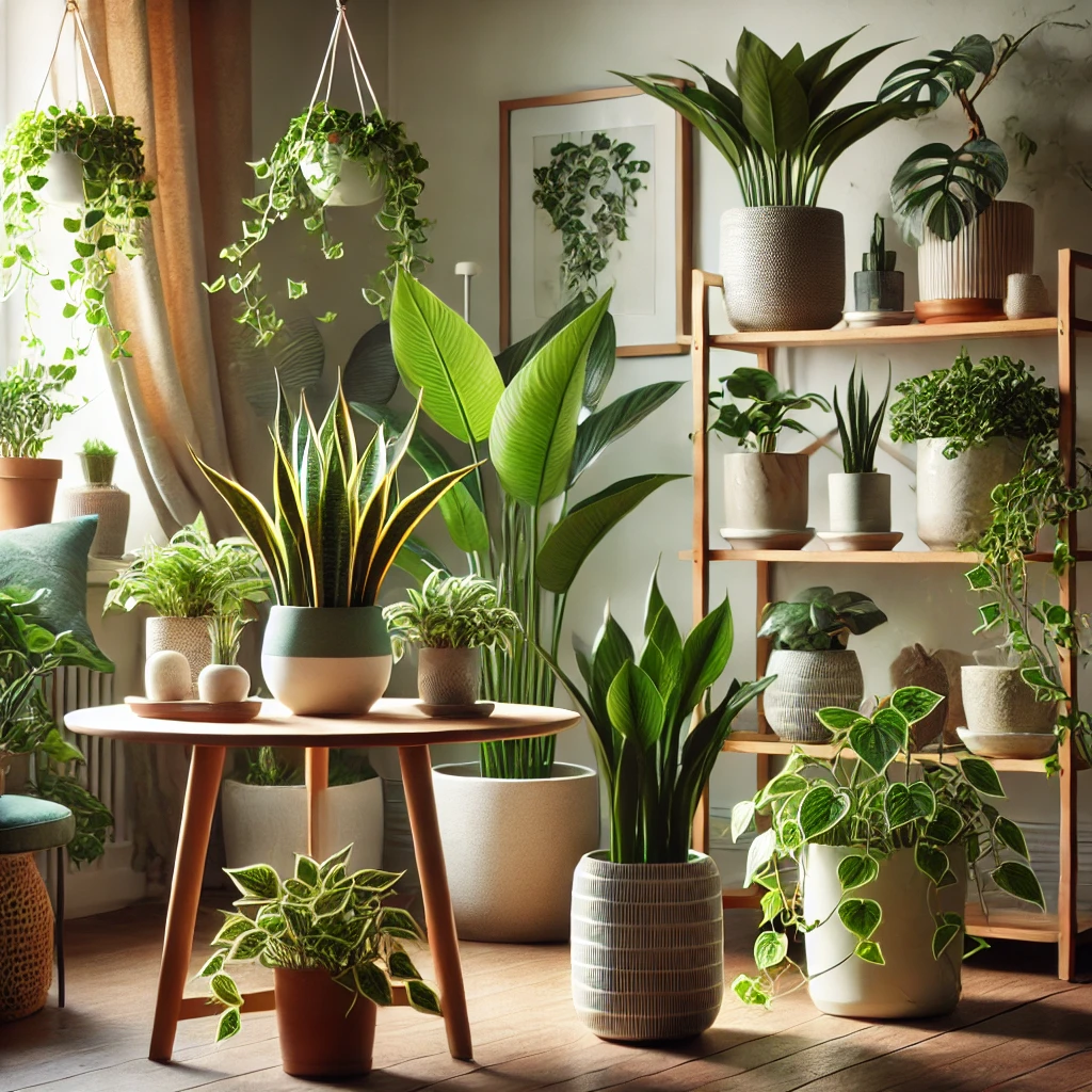 식물들이 조화롭게 배치된 따뜻하고 쾌적한 공간
