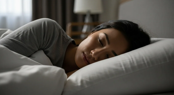 침대 위 베개에서 잠을 자고 있는 여성